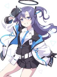 Rule 34 | 1girl, amerika juu pan, belt, black gloves, black shirt, black skirt, blue archive, blue eyes, blue hair, blue necktie, cellphone, gloves, halo, highres, holding, holding phone, jacket, long hair, looking at viewer, necktie, phone, purple hair, shirt, skirt, smile, solo, thighs, two side up, white jacket, white shirt, yuuka (blue archive)