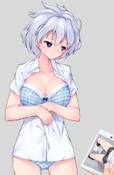 Rule 34 | 1girl, bad id, bad pixiv id, blackmail, blue eyes, blue panties, blush, bow, bow bra, bra, breasts, cellphone, closed mouth, cowboy shot, crossed arms, dress shirt, fake phone screenshot, fake screenshot, from above, frown, grey background, holding, holding phone, kosegawa shiromi, looking away, medium breasts, messy hair, no pants, open clothes, open shirt, panties, pee, peeing, phone, plaid, plaid bra, plaid panties, saki (manga), shirt, short hair, simple background, sitting, smartphone, solo, sweatdrop, toilet, underwear, white hair, white shirt, yoi naosuke