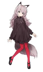 Rule 34 | 1girl, absurdres, animal ears, artist request, black dress, black footwear, dress, fox ears, fox girl, fox tail, full body, grey eyes, grey hair, highres, jaana kettu, long hair, long sleeves, looking at viewer, original, pantyhose, red pantyhose, second-party source, shoes, simple background, solo, standing, tail, white background