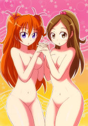 Rule 34 | 10s, 2girls, blue eyes, blush, breasts, brown eyes, brown hair, covered erect nipples, female focus, large breasts, long hair, multiple girls, nipples, nnn, no pussy, nude, open mouth, orange hair, ponytail, precure, suite precure, twintails
