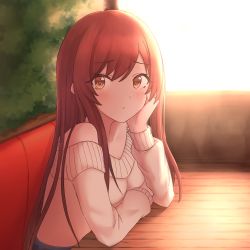 Rule 34 | 1girl, absurdres, arm across chest, arm support, backlighting, bare shoulders, blue skirt, blush, booth seating, breasts, brown hair, brown sweater, cafe, closed mouth, collarbone, commentary request, day, highres, idolmaster, idolmaster shiny colors, kenken (keuken), leaning on table, looking at viewer, medium breasts, osaki amana, partial commentary, pleated skirt, sitting, skirt, solo, strapless, sunlight, sweater, upper body, window, yellow eyes