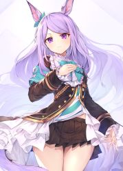 Rule 34 | 1girl, animal ears, aqua ribbon, armband, black jacket, black skirt, bow, commentary, cowboy shot, ear ribbon, fal maro, frilled jacket, frilled shirt collar, frilled sleeves, frills, hand on own chest, highres, horse ears, horse girl, horse tail, jacket, light purple hair, long hair, long sleeves, looking at viewer, mejiro mcqueen (umamusume), miniskirt, open clothes, open jacket, pleated skirt, purple eyes, ribbon, shirt, skirt, solo, striped clothes, striped shirt, swept bangs, tail, umamusume, very long hair
