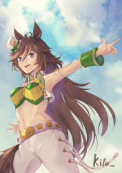 Rule 34 | 1girl, :d, ahoge, animal ears, arm strap, armpits, blue eyes, blue sky, breasts, brown hair, cloud, commentary request, cowboy shot, crop top, day, green shirt, hair between eyes, hair ornament, hairclip, hat, highres, horse ears, kita (kita 2021), long hair, looking at viewer, medium breasts, midriff, mini hat, mini top hat, mr. c.b. (umamusume), navel, open mouth, outstretched arm, pants, partial commentary, revision, shirt, sky, smile, solo, standing, stomach, strapless, strapless shirt, top hat, umamusume, very long hair, vest, white hat, white pants, white vest, wrist cuffs