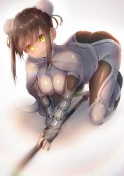 Rule 34 | 1girl, absurdres, all fours, arm guards, ass, black gloves, black hair, bodysuit, breasts, bun cover, cape, chinese clothes, commentary request, double bun, fate/grand order, fate (series), fingerless gloves, gloves, green eyes, hair bun, highres, karu (ricardo 2628), medium breasts, polearm, qin liangyu (fate), sidelocks, simple background, skin tight, smile, solo, spear, thighs, weapon, white bodysuit, white cape
