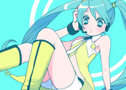 Rule 34 | 1girl, azurite0012, blue eyes, blue hair, boots, collared shirt, colored eyelashes, hand on own head, hatsune miku, headphones, headset, knees up, long hair, looking at viewer, midriff, necktie, project diva (series), shirt, shorts, sleeveless, sleeveless shirt, solo, twintails, very long hair, vocaloid, wrist cuffs, yellow (vocaloid)
