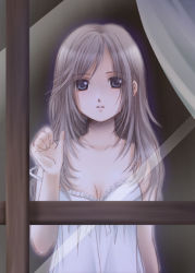 Rule 34 | 1girl, blue eyes, breasts, brown hair, chemise, collarbone, hand on window, hand up, hiyori (nyatto), long hair, looking at viewer, looking outside, original, parted lips, silver hair, solo, strap slip, upper body, window