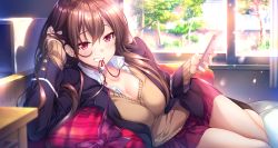Rule 34 | 1girl, adjusting hair, aikagi 3, azarashi soft, bed, blush, breasts, brown hair, cellphone, cleavage, clenched teeth, female focus, game cg, gintarou (kurousagi108), hair between eyes, head rest, highres, holding, holding phone, indoors, jacket, large breasts, legs, long hair, looking at viewer, lying, mole, mole under eye, mouth hold, nail polish, on bed, on side, phone, pillow, red eyes, red neckwear, saotome ai, school uniform, skirt, smile, solo, teeth, thighs, tree, window