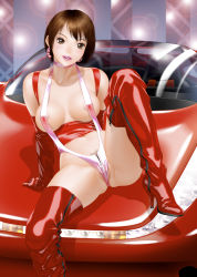 Rule 34 | 1girl, bikini, blush, boots, breasts, brown eyes, brown hair, car, cleavage, earrings, elbow gloves, eyebrows, eyelashes, female pubic hair, gloves, high heel boots, high heels, highres, jewelry, large breasts, latex, lens flare, looking at viewer, matching hair/eyes, motor vehicle, navel, on vehicle, original, pubic hair, red footwear, red gloves, short hair, sitting, slingshot swimsuit, smile, solo, swimsuit, teeth, thigh boots, thighhighs, unzipped, vehicle, yui toshiki, zipper