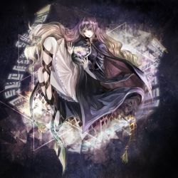 Rule 34 | 1girl, album cover, aoumikoke, black cape, black footwear, black jacket, black ribbon, blonde hair, cape, closed mouth, commentary, cover, flower, full body, gradient hair, highres, hijiri byakuren, jacket, knees up, leg ribbon, lips, long hair, long sleeves, looking at viewer, lotus, multicolored hair, open clothes, open hands, open jacket, purple hair, ribbon, shirt, shoes, skirt, smile, solo, sorcerer&#039;s sutra scroll, touhou, white shirt, white skirt, wide sleeves, yellow eyes