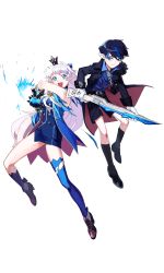 Rule 34 | 1boy, 1girl, age difference, age switch, blue eyes, blue hair, ciel (elsword), crown, elsword, horns, long hair, luciela r. sourcream, aged up, open mouth, pointy ears, shorts, smile, thighhighs, weapon, white hair, aged down