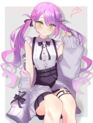 Rule 34 | 1girl, absurdres, black skirt, blush, breasts, green eyes, grey sweater, hair ornament, heart, heart o-ring, high-waist skirt, highres, hololive, long hair, looking at viewer, multicolored hair, nishiki yuno, o-ring, o-ring thigh strap, official alternate costume, open mouth, pink hair, puffy short sleeves, puffy sleeves, purple hair, short sleeves, skirt, sleeves past fingers, sleeves past wrists, small breasts, solo, streaked hair, sweater, thigh strap, tokoyami towa, tokoyami towa (jirai kei), twintails, virtual youtuber, x hair ornament