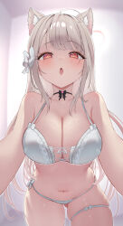 00s1g00 1girl absurdres ahoge animal_ear_fluff animal_ears bare_shoulders black_choker blush bra braid breasts cat_ears cat_girl choker cleavage commission grey_hair highres indie_virtual_youtuber large_breasts long_hair mole mole_under_eye navel open_mouth panties red_eyes ribbon_choker single_braid skeb_commission solo thigh_strap tongue tongue_out uise_iu underwear underwear_only virtual_youtuber white_bra white_panties