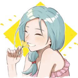 Rule 34 | 1girl, blue hair, chinese commentary, closed eyes, commentary request, die po yu, enomoto noa, flower, frills, grin, hair bobbles, hair ornament, highres, holding, holding flower, light blue hair, low side ponytail, pink shirt, portrait, saibou shinkyoku, shirt, side ponytail, sleeveless, sleeveless shirt, smile, solo, yellow flower