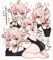 Rule 34 | 1girl, absurdres, animal ears, artist name, barefoot, black choker, black leotard, blonde hair, brown eyes, brown hair, choker, cigarette, cow ears, cow girl, cow horns, cow tail, cremanata, cremavatar, english text, highres, holding, holding cigarette, horns, kneeling, leotard, looking at viewer, medium hair, mega milk, multiple views, open mouth, original, simple background, tail, tongue, tongue out, white background