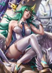 Rule 34 | 1girl, alternate costume, alternate eye color, alternate hair color, alternate hairstyle, bare shoulders, book, breasts, glasses, gloves, green eyes, green hair, highres, horns, league of legends, library, long hair, medium breasts, parted lips, single horn, sitting, solo, soraka (league of legends), star guardian (league of legends), star guardian soraka, thighhighs, very long hair, white gloves, white thighhighs, white wings, wings