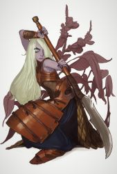 Rule 34 | 1girl, armor, black nails, blonde hair, borrowed character, breastplate, closed mouth, colored skin, fighting stance, fingernails, green eyes, hair over one eye, highres, long fingernails, long hair, looking at viewer, mossacannibalis, naginata, nail polish, one eye covered, original, polearm, purple skin, simple background, solo, weapon, white background