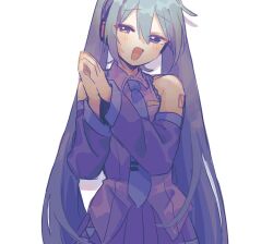 Rule 34 | 1girl, absurdres, aqua hair, detached sleeves, fang, hatsune miku, highres, long hair, looking at viewer, necktie, open mouth, own hands together, rennrenn214, shirt, simple background, skirt, sleeveless, sleeveless shirt, solo, twintails, vocaloid, white background