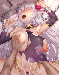 Rule 34 | 1boy, 1girl, absurdres, ao banana, armlet, armor, bare shoulders, bikini armor, blush, breasts, chain, collar, cuffs, cum, detached sleeves, dress, earrings, ejaculation, fate/grand order, fate (series), female pubic hair, floral print, grabbing, grabbing another&#039;s breast, hair ribbon, hetero, highres, jewelry, kama (fate), kama (second ascension) (fate), large breasts, long hair, lying, metal collar, missionary, nipples, on back, out-of-frame censoring, pelvic curtain, pubic hair, purple dress, purple sleeves, restrained, ribbon, sex, short dress, silver hair, spread legs, thighs, torn clothes, torn dress, vaginal