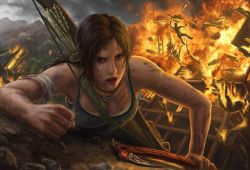 Rule 34 | 1girl, bow (weapon), brown eyes, brown hair, cloud, earth (planet), fire, lara croft, long hair, open mouth, planet, smoke, solo, standing, tank top, tomb raider, tomb raider (reboot), tree, weapon