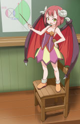 Rule 34 | 1girl, bare arms, bare shoulders, blush stickers, chair, collarbone, commentary request, curled horns, demon girl, demon horns, demon wings, dress, endro!, fang, green eyes, hand on own hip, holding, horns, indoors, looking at viewer, mao (endro!), on chair, open mouth, pointer, purple dress, red hair, red wings, reflection, rohitsuka, short hair, sleeveless, sleeveless dress, solo, standing, translation request, v-shaped eyebrows, wings, wooden floor