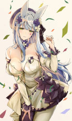 Rule 34 | 1girl, bare shoulders, blue hair, blush, breasts, cleavage, commentary, cross, cross necklace, dress, earrings, finger gun, girls&#039; frontline, green eyes, ha9na, hair ribbon, highres, hk416 (girls&#039; frontline), hk416 (herbal-flavored hard candy) (girls&#039; frontline), jewelry, large breasts, light blue hair, long hair, looking at viewer, necklace, official alternate costume, ribbon, silver hair, solo, white background