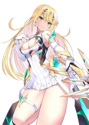 Rule 34 | 1girl, bare legs, bare shoulders, blonde hair, breasts, chest jewel, cleavage, cleavage cutout, clothing cutout, daive, dress, earrings, elbow gloves, gloves, highres, jewelry, large breasts, long hair, mythra (xenoblade), short dress, solo, swept bangs, thigh strap, tiara, very long hair, white dress, white gloves, xenoblade chronicles (series), xenoblade chronicles 2, yellow eyes