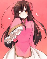 Rule 34 | 1girl, ;d, axis powers hetalia, breasts, brown hair, china dress, chinese clothes, dress, flower, frills, grin, highres, light blush, long hair, looking at viewer, medium breasts, one eye closed, open mouth, orange eyes, pink background, pink dress, pink flower, sakuma (san d box), simple background, sleeves past fingers, sleeves past wrists, smile, solo, taiwan (hetalia), twitter username, wide sleeves
