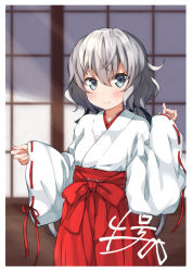 Rule 34 | 1girl, alternate costume, black ribbon, blurry, blurry background, blush, commentary request, depth of field, eyes visible through hair, fusuma, grey hair, hair between eyes, hair ribbon, hakama, hakama skirt, highres, japanese clothes, konno junko, long hair, looking at viewer, low twintails, miko, miyabi (miyabeeya), ribbon, ribbon-trimmed sleeves, ribbon trim, skirt, sleeves past wrists, sliding doors, smile, solo, twintails, wide sleeves, zombie land saga