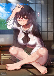 Rule 34 | 1girl, barefoot, black hair, blue eyes, blush, breasts, closed mouth, covered erect nipples, girls und panzer, glasses, highres, indoors, large breasts, long hair, looking at viewer, megadeko, navel, ooarai school uniform, oryou (girls und panzer), school uniform, smile, solo