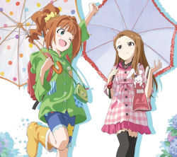 Rule 34 | 2girls, album cover, arm up, backpack, bag, black legwear, blue eyes, boots, brown hair, cover, doll, flower, frown, handbag, hydrangea, idolmaster, idolmaster (classic), minase iori, multiple girls, official art, one eye closed, open mouth, purple eyes, rain, rubber boots, scrunchie, smile, standing, standing on one leg, takatsuki yayoi, thighhighs, twintails, umbrella, water drop, wink