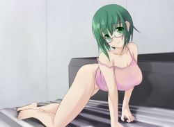 Rule 34 | 10s, 1girl, all fours, amder, ass, bad id, bad pixiv id, barefoot, bed, bottomless, breasts, camisole, cleavage, glasses, green eyes, green hair, huge breasts, infinite stratos, large breasts, matching hair/eyes, no panties, short hair, smile, solo, underwear, underwear only, yamada maya (infinite stratos)