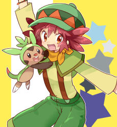 1girl arm_up brown_hair capelet chespin creatures_(company) eyelashes fukumitsu_(kirarirorustar) game_freak gen_6_pokemon green_capelet green_hat green_pants green_shirt hat long_sleeves looking_at_viewer mairin_(pokemon) nintendo open_mouth orange_eyes pants pokemon pokemon_(anime) pokemon_(creature) pokemon_xy_(anime) shirt short_hair suspenders