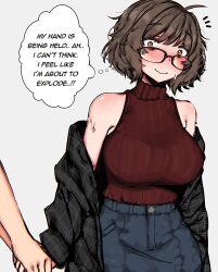 Rule 34 | 1girl, 1other, aki (snale), bare shoulders, black jacket, blush, breasts, brown eyes, brown hair, english text, glasses, grey background, highres, holding hands, holding hands is lewd, jacket, large breasts, off shoulder, original, out of frame, red sweater, ribbed sweater, simple background, sleeveless, sleeveless sweater, smile, snale, solo focus, speech bubble, standing, sweat, sweater, thought bubble, turtleneck, turtleneck sweater