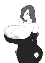 Rule 34 | 1girl, areola slip, ass, bags under eyes, black dress, black hair, breasts, cleavage, dress, fujou joshi, greyscale, hair over one eye, huge ass, huge breasts, large areolae, long hair, looking at viewer, monochrome, original, simple background, solo, strapless, white background