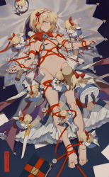 6+girls alice_margatroid apron argyle_clothes argyle_dress axe barefoot blonde_hair blue_dress blue_eyes bow bowtie breasts closed_mouth doll doll_joints dress flying from_above full_body head_tilt holding holding_weapon joints looking_at_viewer lying mallet multiple_girls nail_(hardware) nail_polish navel no_nipples no_pussy nude objectification on_back red_bow red_bowtie red_ribbon rei_(sanbonzakura) restrained ribbon shanghai_doll short_hair stomach toenail_polish toenails toes touhou unworn_clothes waist_apron weapon white_nails