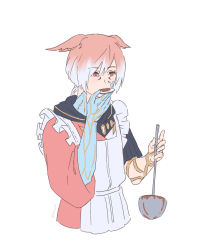 Rule 34 | 1boy, 45liza109, absurdres, animal ears, apron, cat ears, crystal, crystal exarch, facial mark, final fantasy, final fantasy xiv, g&#039;raha tia, grey hair, hair between eyes, highres, holding, holding ladle, ladle, male focus, material growth, miqo&#039;te, multicolored hair, red eyes, red hair, simple background, slit pupils, solo, tasting, twitter username, white apron, white background