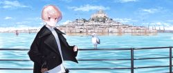 Rule 34 | 1girl, against railing, bird, black jacket, blonde hair, blue sky, building, buoy, city, closed mouth, cloud, collared shirt, commentary request, day, feeding, fuurin sou, highres, jacket, against railing, long sleeves, looking at viewer, ocean, original, outdoors, railing, red eyes, seagull, shirt, short hair, sky, sleeves past wrists, solo, upper body, white shirt