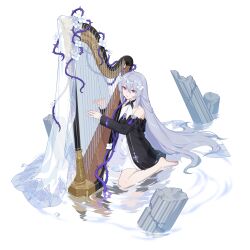 Rule 34 | 1girl, absurdres, aslaug (honkai impact), bare legs, bare shoulders, barefoot, flower, full body, grey hair, hair flower, hair ornament, harp, highres, honkai (series), honkai impact 3rd, instrument, long hair, music, official art, plant, playing instrument, purple eyes, ruins, sitting, solo, third-party source, thorns, wading, wariza, water, white background