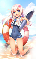 Rule 34 | 10s, 1girl, bare legs, barefoot, beach, blonde hair, blue eyes, blush, cloud, covered navel, crop top, day, elliv, fang, flower, hair flower, hair ornament, highres, kantai collection, kneeling, lifebuoy, long hair, ocean, one-piece tan, open mouth, outdoors, ro-500 (kancolle), sailor collar, sand, school swimsuit, sky, smile, solo, swim ring, swimsuit, swimsuit under clothes, tan, tanline, torpedo