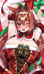 Rule 34 | 1girl, :d, absurdres, animal ears, armpits, arms up, blush, bound, bound arms, breasts, brown hair, christmas, cleavage, commentary request, daiwa scarlet (scarlet nuit etoile) (umamusume), daiwa scarlet (umamusume), fang, hair between eyes, hair intakes, highres, horse ears, horse girl, huge breasts, kshimu, long hair, lying, on back, one eye closed, open mouth, red eyes, restrained, ribbon, skin fang, smile, solo, tiara, umamusume, upper body