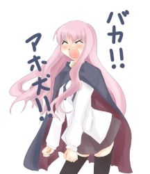 Rule 34 | 00s, 1girl, black thighhighs, blush, cape, clenched hand, clenched hands, konatsu karasu, long hair, louise francoise le blanc de la valliere, open mouth, pentacle, pink hair, screaming, skirt, solo, tears, thighhighs, translation request, white background, zero no tsukaima, zettai ryouiki