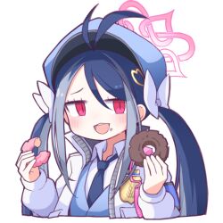 Rule 34 | 1girl, aki inu, antenna hair, armband, badge, blue archive, blue hair, blue hat, blue necktie, blue vest, blush, bow, collared shirt, commentary request, cropped torso, doughnut, food, fubuki (blue archive), grey hair, hair bow, hair ornament, halo, hat, heart, heart hair ornament, holding, holding food, jacket, long hair, long sleeves, multicolored hair, necktie, open mouth, parted bangs, red eyes, shirt, simple background, smile, solo, streaked hair, teeth, twintails, upper teeth only, vest, white background, white bow, white jacket, white shirt