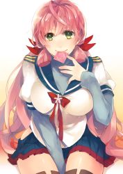 Rule 34 | 10s, 1girl, akashi (kancolle), breasts, condom, condom in mouth, condom wrapper, female focus, green eyes, hazuki (nature.), kantai collection, large breasts, long hair, looking at viewer, mouth hold, open \m/, pink hair, school uniform, serafuku, skirt, smile, solo, very long hair