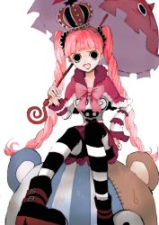 Rule 34 | 1girl, belt, capelet, crown, highres, kumacy, long sleeves, one piece, pantyhose, patterned legwear, perona, pink hair, senpapimajitensi, sitting, skirt, striped clothes, striped pantyhose, twintails, two-tone stripes, umbrella
