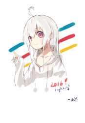 Rule 34 | 10s, 1girl, 2016, absurdres, ahoge, artist name, collarbone, dated, eyebrows, fingernails, highres, hood, hood down, hoodie, hoshino (8679643), hoshino (illyasviel), long hair, looking at viewer, original, pink eyes, pointing, pom pom (clothes), smile, solo, upper body, white background, white hair