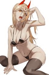 Rule 34 | 1girl, absurdres, bikini, black bikini, black thighhighs, blonde hair, breasts, chainsaw man, cleavage, cross-shaped pupils, crosshair pupils, demon horns, feet out of frame, hanny (uirusu chan), highres, horns, large breasts, long hair, looking at viewer, messy hair, micro bikini, navel, open mouth, orange eyes, power (chainsaw man), red horns, salute, sharp teeth, sitting, solo, string bikini, swimsuit, symbol-shaped pupils, teeth, thighhighs, underboob, wariza, white background