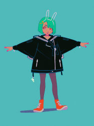 Rule 34 | 1girl, aqua background, ashleigh hetrick, black bow, black jacket, black pantyhose, black sailor collar, bow, choker, epaulettes, full body, green hair, hair ornament, highres, jacket, long sleeves, looking at viewer, nail polish, o-ring, o-ring choker, open mouth, original, outstretched arms, pantyhose, pink nails, red eyes, red footwear, sailor collar, shadow, shoes, short hair, simple background, solo, standing, zipper