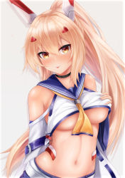 Rule 34 | 1girl, absurdres, ayanami (azur lane), azur lane, bare shoulders, belt, black choker, blonde hair, blue skirt, breasts, choker, closed mouth, crop top, detached sleeves, hair ornament, hand on breast, highres, long hair, long sleeves, looking at viewer, mechanical ears, medium breasts, midriff, navel, neckerchief, no bra, orange eyes, ponytail, retrofit (azur lane), revealing clothes, ryara, sailor collar, shirt, skirt, smile, solo, stomach, tongue, tongue out, underboob, upper body, very long hair, white shirt, wide sleeves