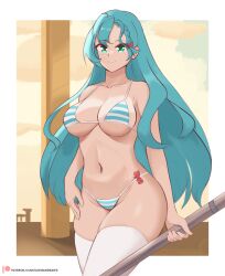 Rule 34 | 1girl, absurdres, bikini, breasts, chloe (fire emblem), cleavage, dayman, daymandraws, fire emblem, green eyes, highres, large breasts, legs, looking at viewer, navel, nintendo, smile, solo, striped bikini, striped clothes, swimsuit, thighs, weapon