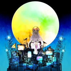 Rule 34 | 13 31n, 1girl, album cover, black sky, black tank top, blue eyes, blue sky, blush, boots, closed mouth, commentary, cover, full moon, gradient sky, hand up, headphones, highres, instrument, knee boots, long hair, long sleeves, looking at viewer, machinery, moon, night, off-shoulder shirt, off shoulder, original, outdoors, phonograph, pink hair, pink shirt, shirt, sitting, sitting on object, sky, smile, solo, spaghetti strap, speaker, star (sky), starry sky, straight-on, stuffed animal, stuffed toy, tank top, teddy bear, television, transmission tower, trumpet, very long hair, wide shot